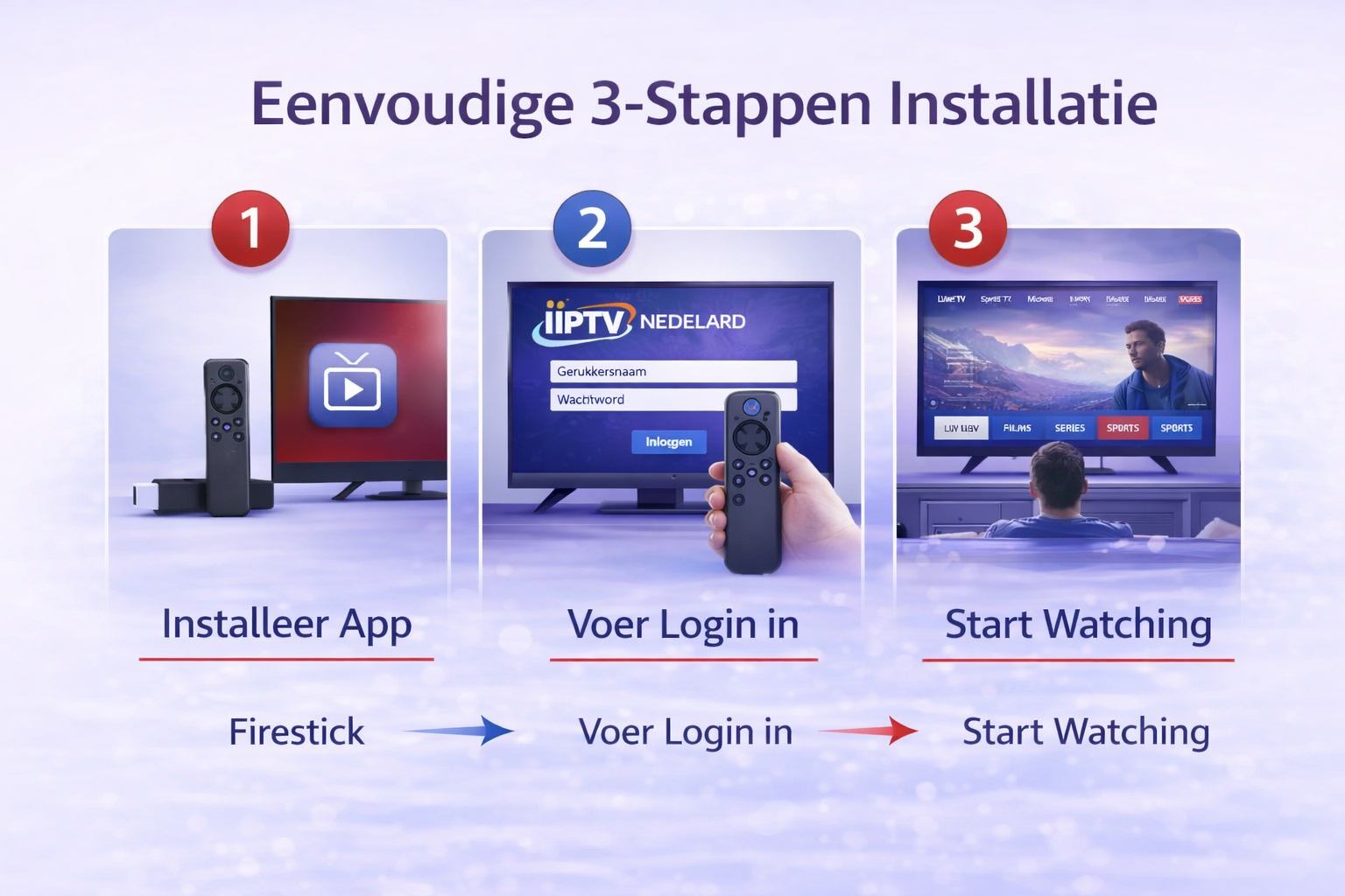 Eenvoudige 3-stappen installatie van IPTV Nederland op Firestick met app downloaden, login invoeren en direct starten met kijken